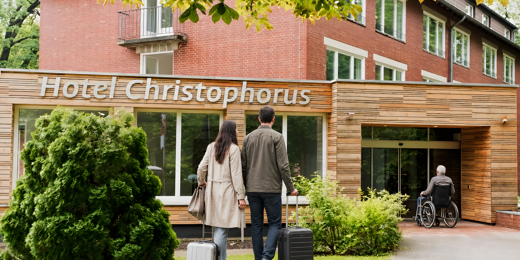 Hotelgäste vor dem Eingang des Hotel Christophorus
